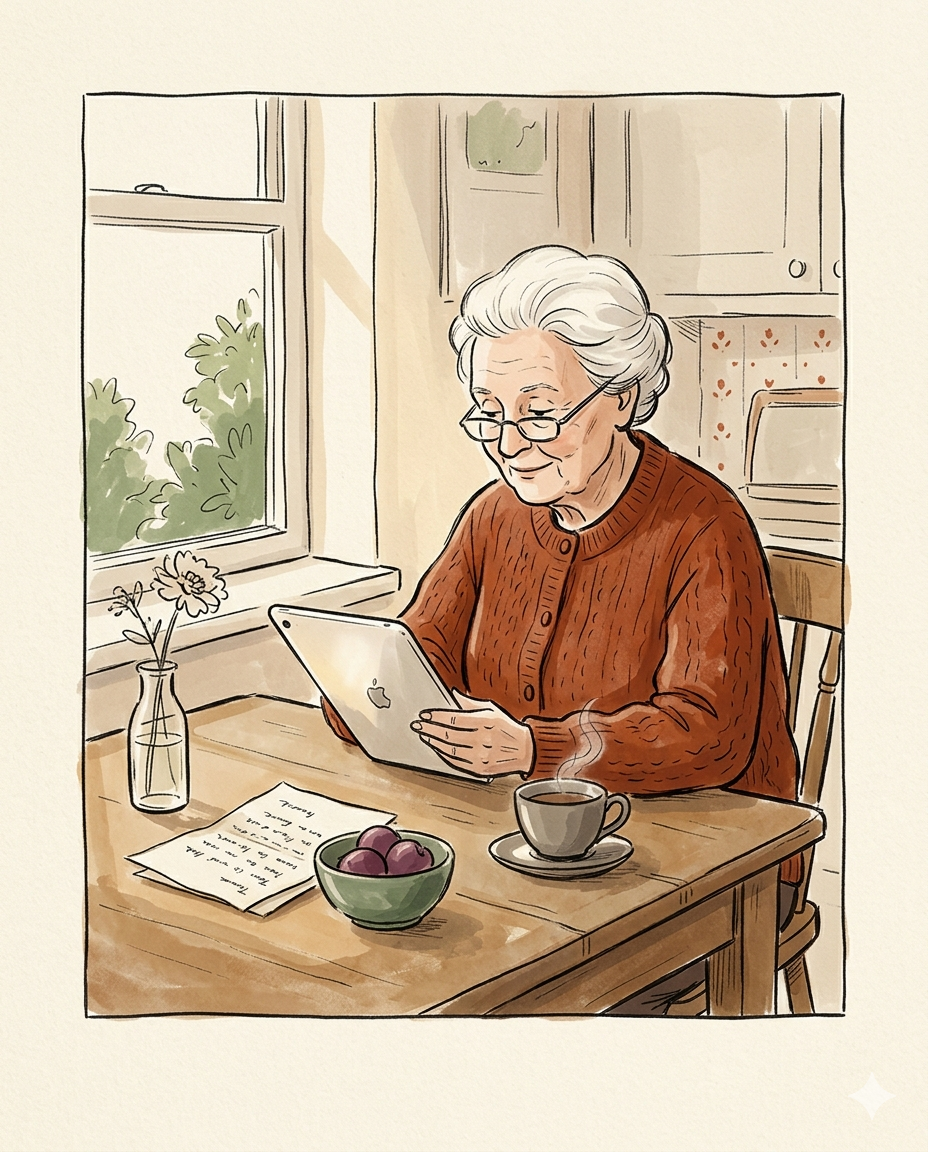 Hand-drawn illustration: an older person reading email on an iPad at a sunlit kitchen table